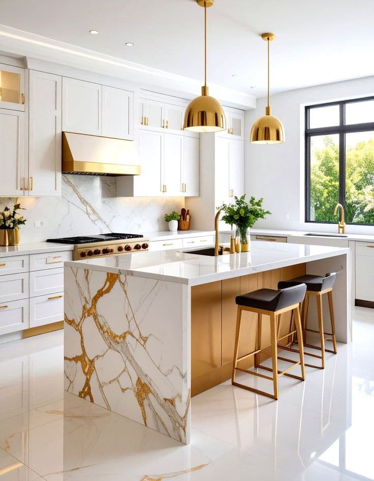 Luxury kitchen with marble island and gold pendant lighting